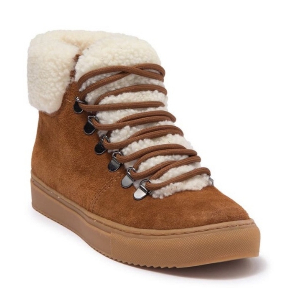NEW Susina Zayva Suede Shearling Trim Sneaker Tan - Picture 1 of 6